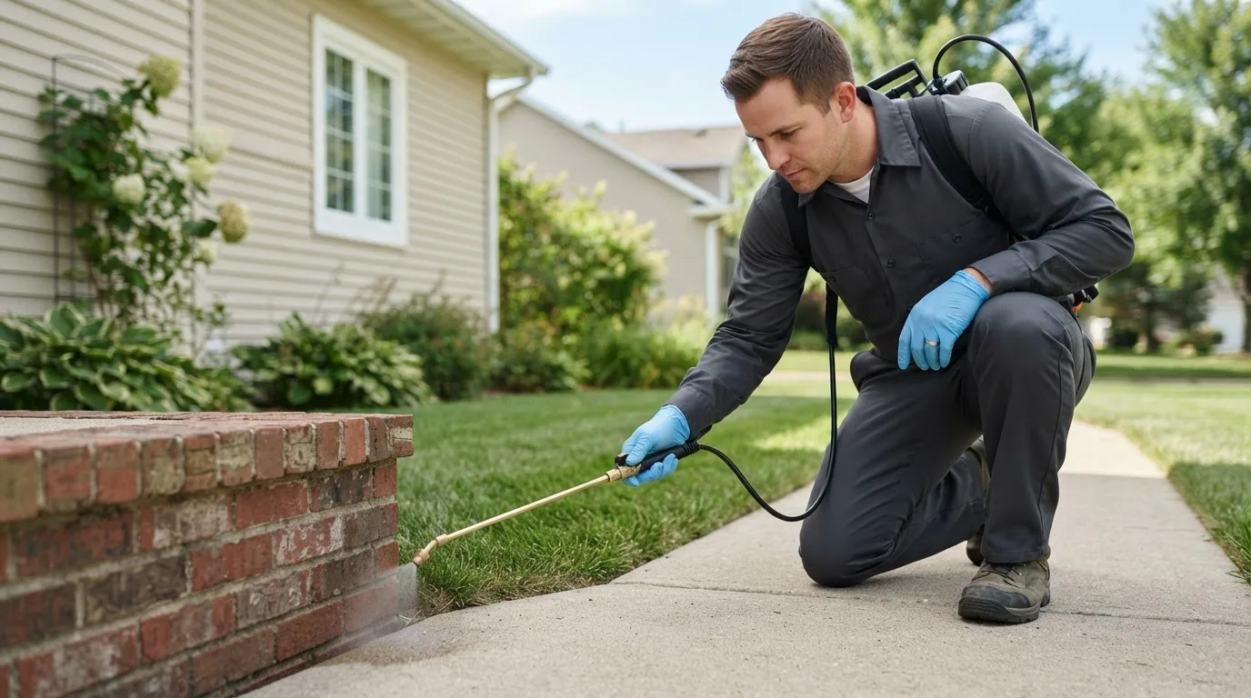Pest control technician treating a home near Dover Foxcroft, ME