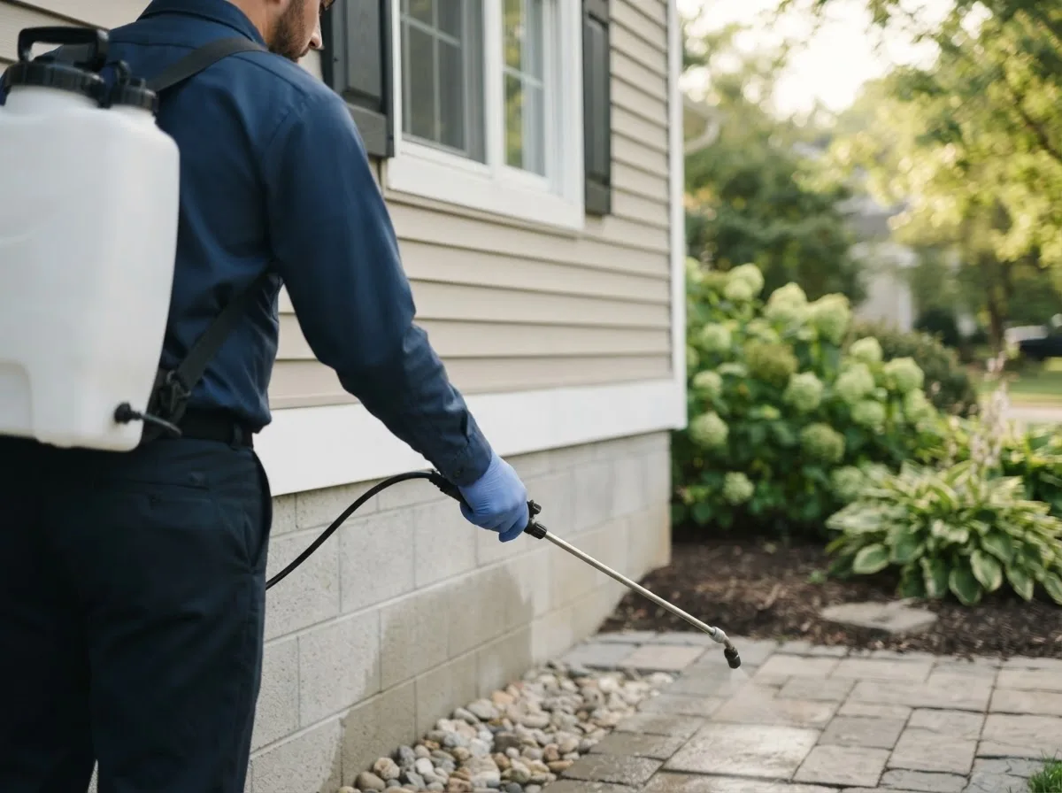 Pest control technician inspecting a home in Dover Foxcroft, ME